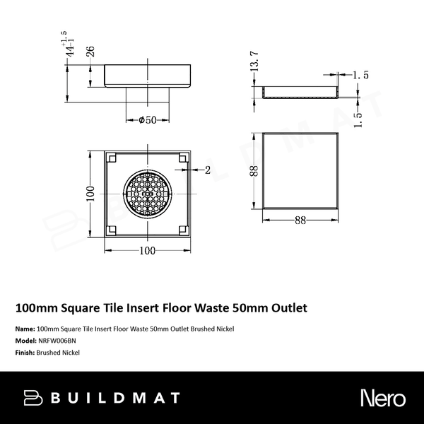 Nero 100mm Square Tile Insert Floor Waste 50mm Outlet Brushed Nickel