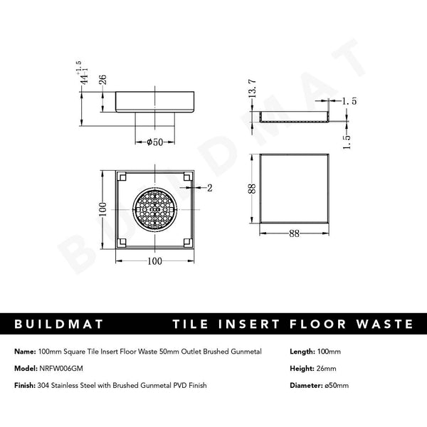 Nero Tile Insert Floor Waste 50mm Outlet Gunmetal