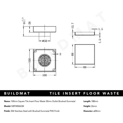 Tile Insert Floor Waste 50mm Outlet Gunmetal