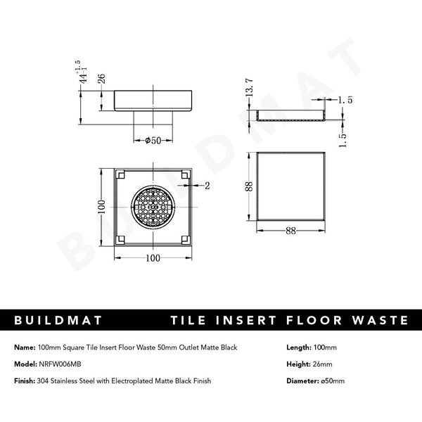 Nero Tile Insert Floor Waste 50mm Outlet Matte Black