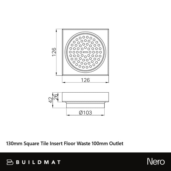 Nero 130mm Tile Insert Floor Waste 100mm Outlet Brushed Gold