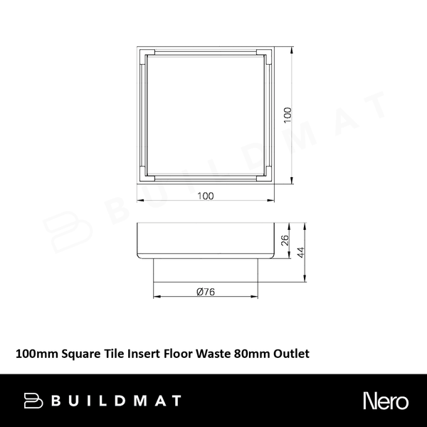 Nero 100mm Square Tile Insert Floor Waste 80mm Outlet Brushed Gold