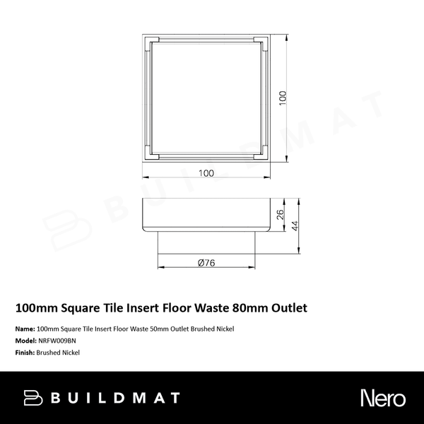 Nero 100mm Square Tile Insert Floor Waste 80mm Outlet Brushed Nickel