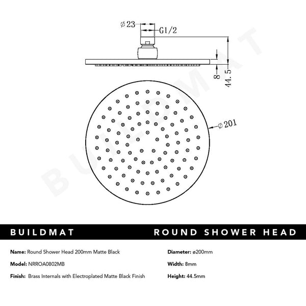 Nero Round Shower Head 200mm Matte Black