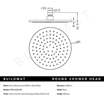 Round Shower Head 200mm Matte Black