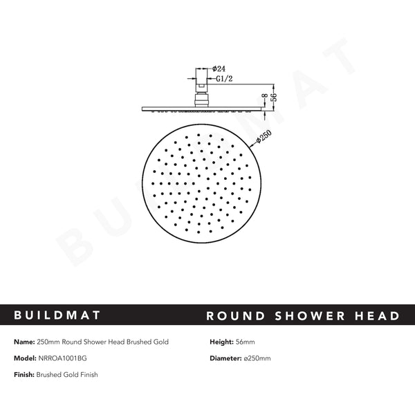 Nero Round Shower Head 250mm Brushed Gold