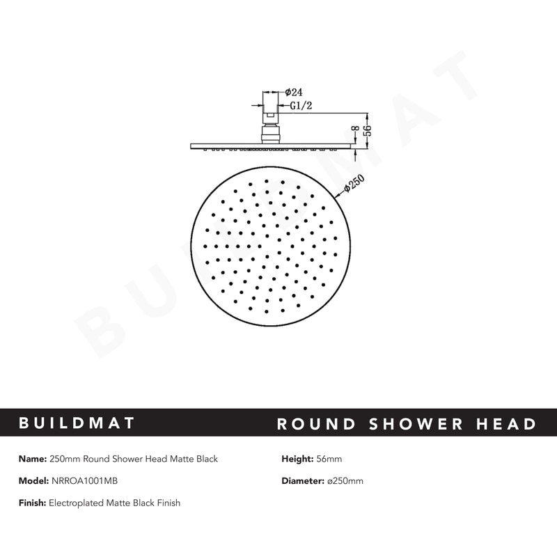 Round Shower Head 250mm Matte Black