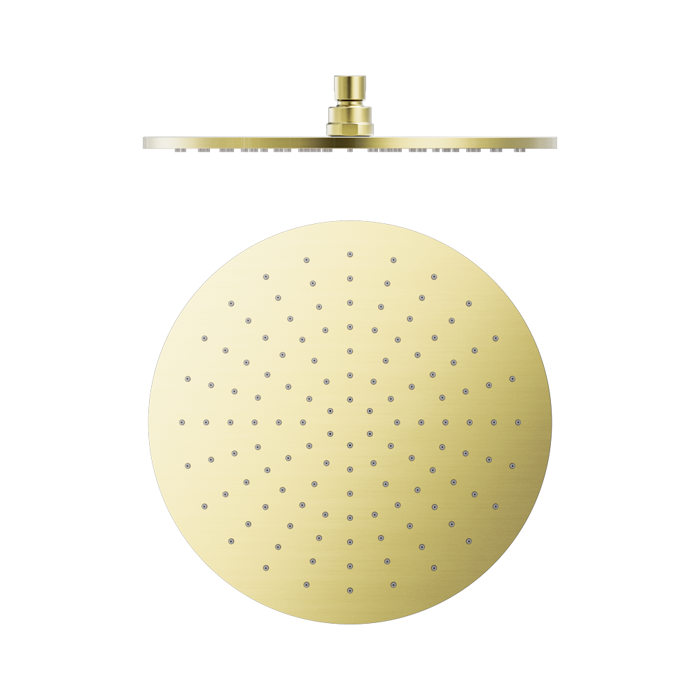 Product Type: Shower HeadProduct SKU: NRROA1202BGColour: Brushed GoldMaterial: BrassWELS Rating: 9.0L/Min, 3StarWELS Registration No: S16670 Features: Single function brass overhead shower 300mm overhead spray Rub clean nozzles Shower head thickness 8mm, creating a sleek minimal profile Operating weight should be consi
