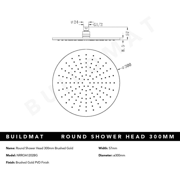 Nero Round Shower Head 300mm Brushed Gold