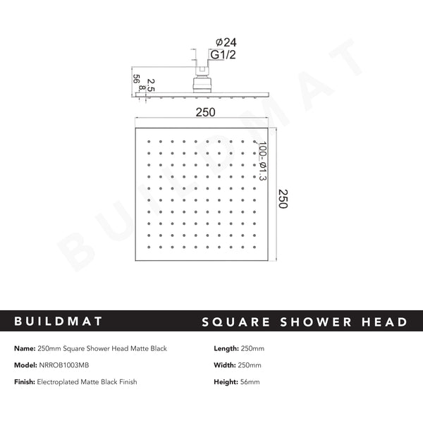 Nero Square Shower Head 250mm Matte Black