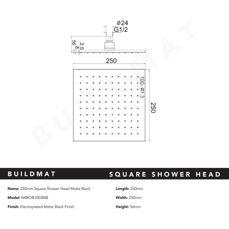 Square Shower Head 250mm Matte Black