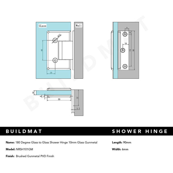 Nero 90 Degree Glass to Wall Shower Hinge 10MM Glass Brushed Gunmetal