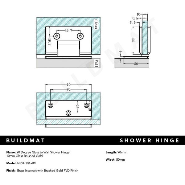 Nero 90 Degree Glass to Wall Shower Hinge 10MM Glass Brushed Gold