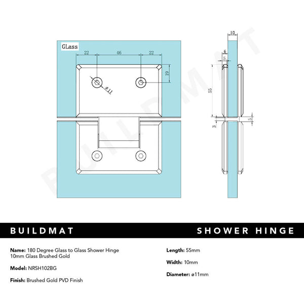 Nero 180 Degree Glass to Glass Shower Hinge 10mm Glass Brushed Gold