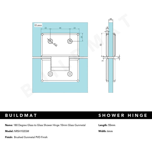 Nero 180 Degree Glass to Glass Shower Hinge 10mm Glass Brushed Gunmetal