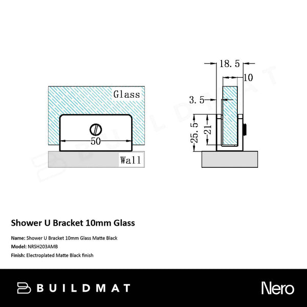 Nero Shower U Bracket 10mm Glass Matte Black