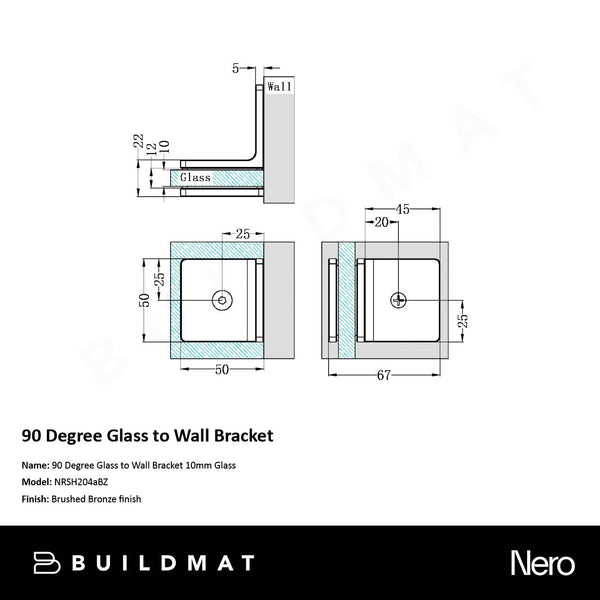 Nero 90 Degree Glass to Wall Bracket 10mm Glass Brushed Bronze