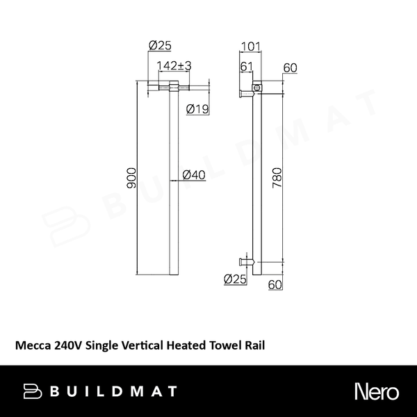Nero Mecca 240V Single Vertical Heated Towel Rail Matte Black