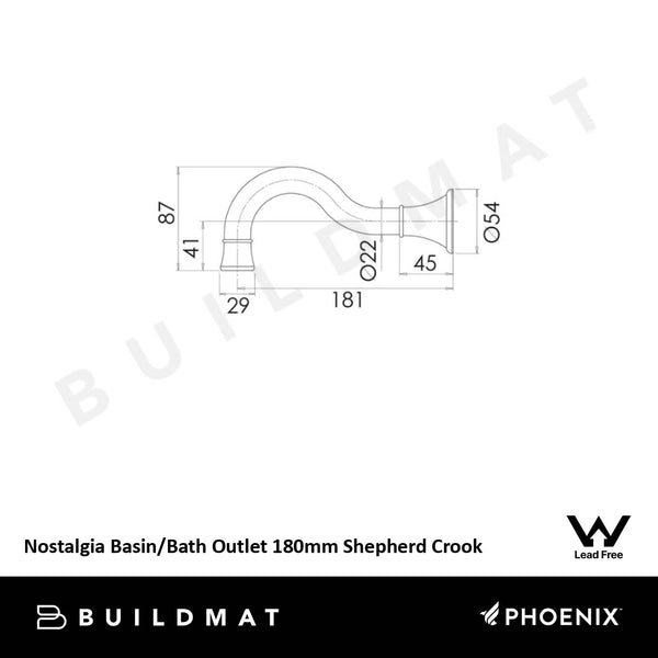 Phoenix Nostalgia Basin / Bath Outlet 180mm Shepherds Crook Chrome Lead Free
