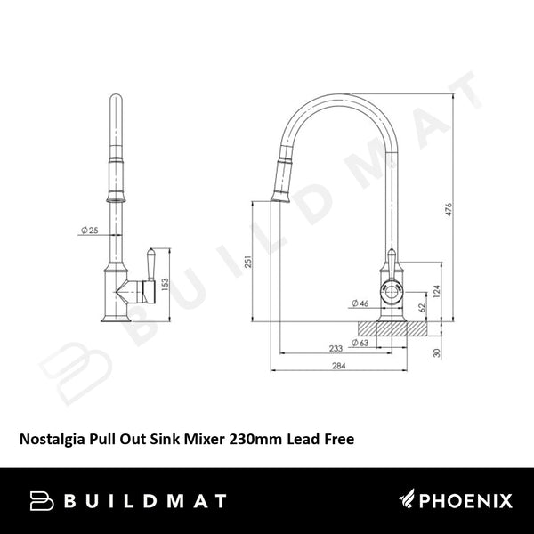 Phoenix Nostalgia Pull Out Sink Mixer 230mm Lead Free Chrome