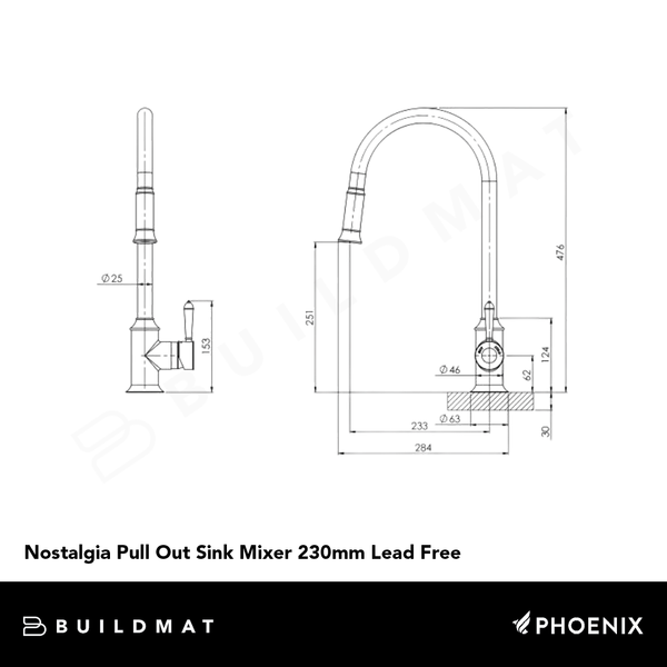 Phoenix Nostalgia Pull Out Sink Mixer 230mm Lead Free Brushed Nickel