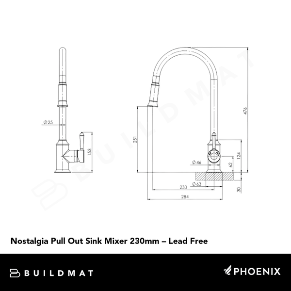 Phoenix Nostalgia Pull Out Sink Mixer 230mm Lead Free Chrome White