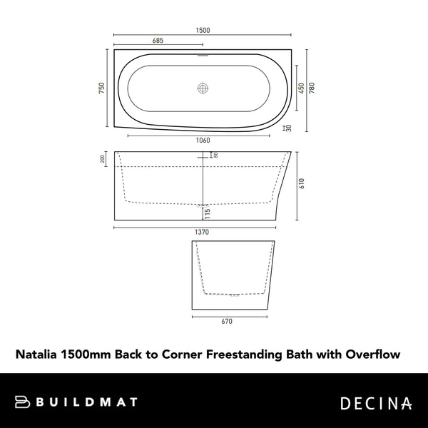 Decina 1500mm Natalia Back to Corner (Right Corner) Freestanding Bath with Overflow Gloss White