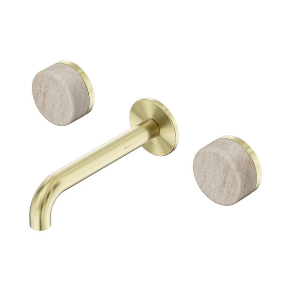 Nero Serenity Wall Basin Set 160mm Spout With Rome Travertine Handle Brushed Gold
