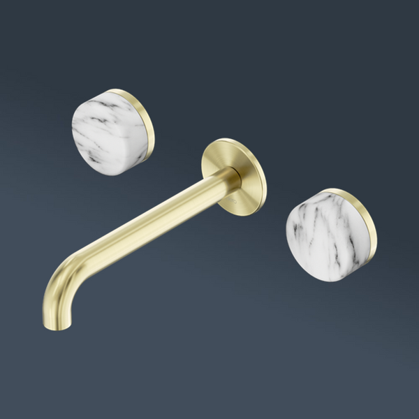 Nero Serenity Wall Basin Set 160mm Spout With Arabescato Corchia Handle Brushed Gold