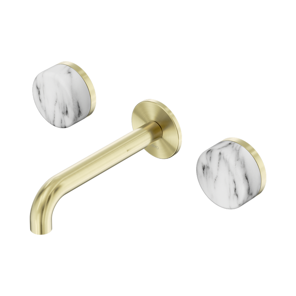 Nero Serenity Wall Basin Set 160mm Spout With Arabescato Corchia Handle Brushed Gold
