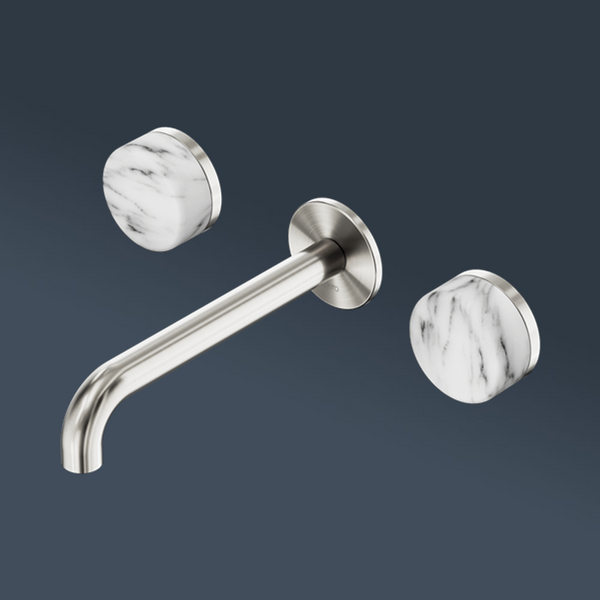 Nero Serenity Wall Basin Set 160mm Spout With Arabescato Corchia Handle Brushed Nickel