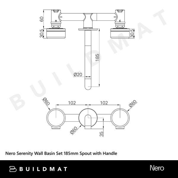 Nero Serenity Wall Basin Set 185mm Spout With Rome Travertine Handle Gunmetal