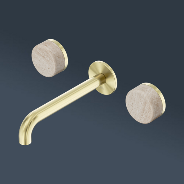 Nero Serenity Wall Basin Set 185mm Spout With Rome Travertine Handle Brushed Gold