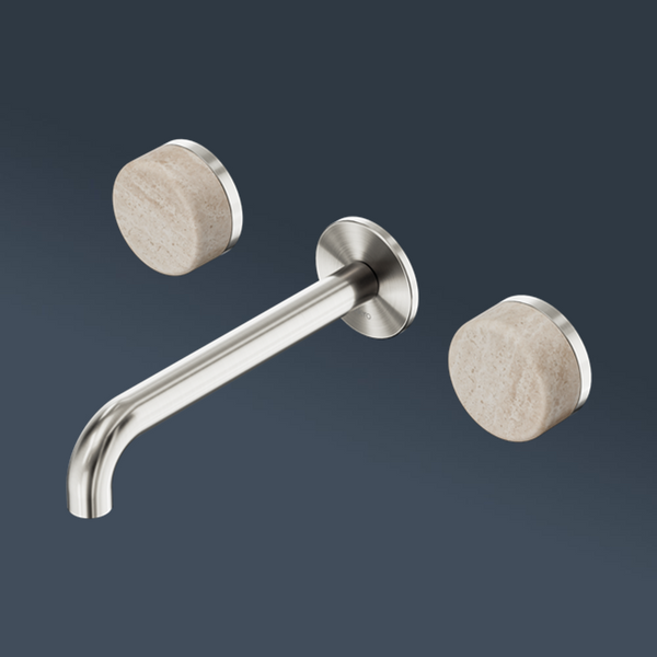 Nero Serenity Wall Basin Set 185mm Spout With Rome Travertine Handle Brushed Nickel
