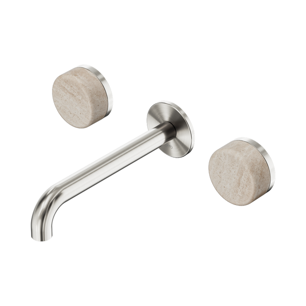 Nero Serenity Wall Basin Set 185mm Spout With Rome Travertine Handle Brushed Nickel