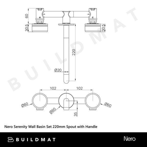 Nero Serenity Wall Basin Set 220mm Spout With Arabescato Corchia Handle Chrome