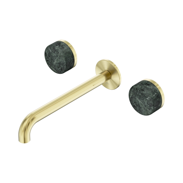 Nero Serenity Wall Basin Set 220mm Spout With Verde Alpi Handle Brushed Gold