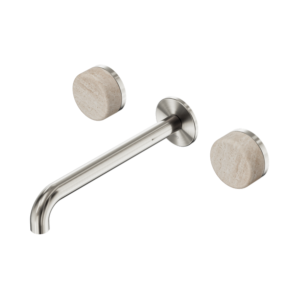 Nero Serenity Wall Basin Set 220mm Spout With Rome Travertine Handle Brushed Nickel