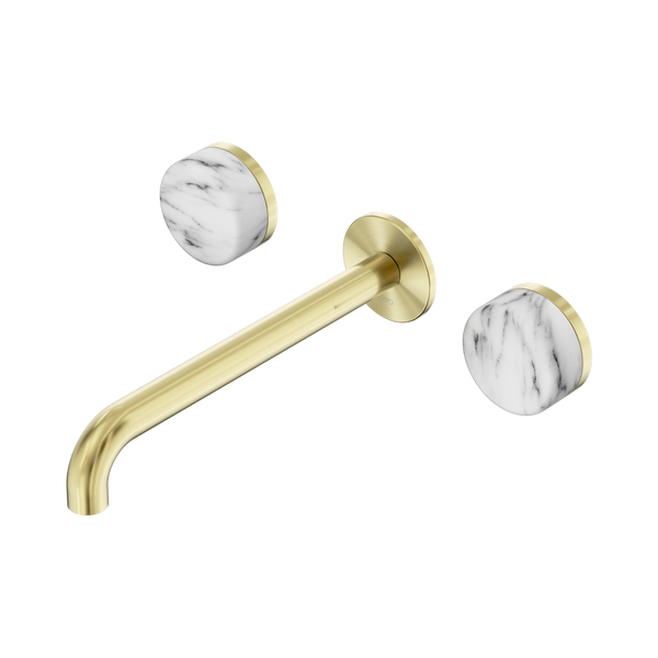 Nero Serenity Wall Basin Set 220mm Spout With Arabescato Corchia Handle Brushed Gold
