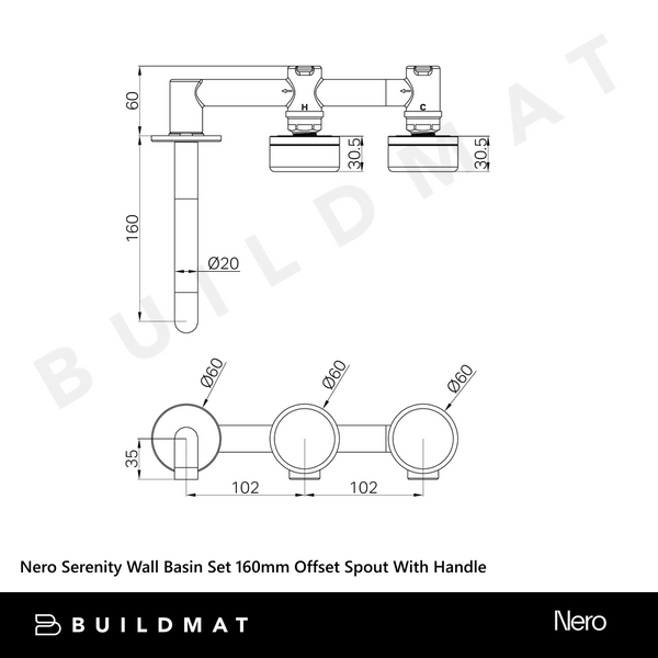 Nero Serenity Wall Basin Set 160mm Offset Spout With Arabescato Corchia Handle Chrome