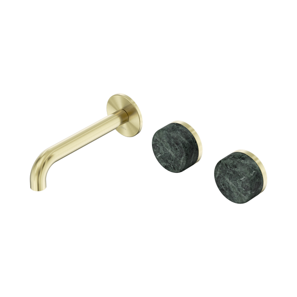 Nero Serenity Wall Basin Set 160mm Offset Spout With Verde Alpi Handle Brushed Gold