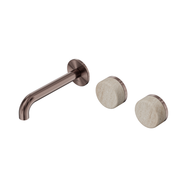 Nero Serenity Wall Basin Set 160mm Offset Spout With Rome Travertine Handle Brushed Bronze
