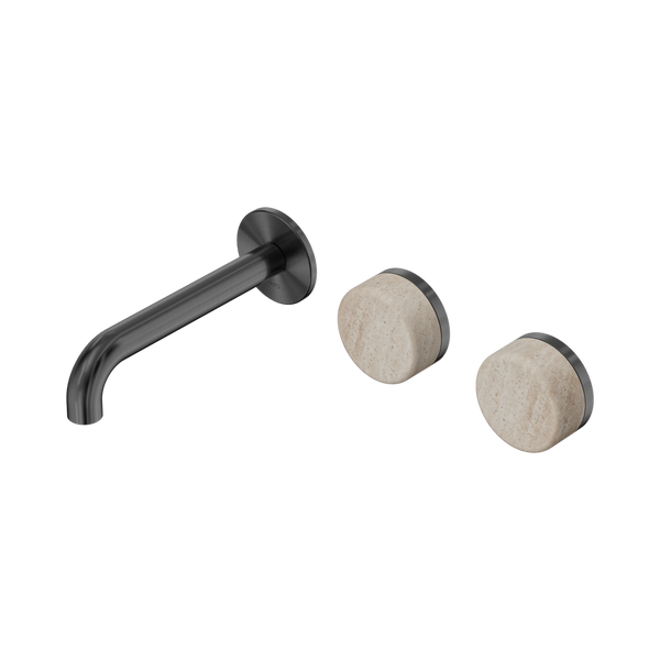 Nero Serenity Wall Basin Set 160mm Offset Spout With Rome Travertine Handle Gunmetal