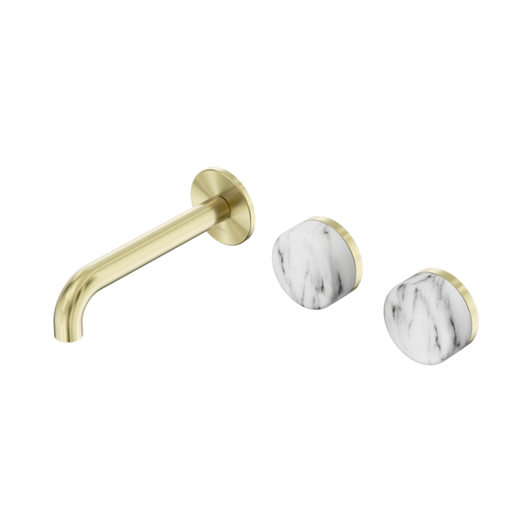 Nero Serenity Wall Basin Set 160mm Offset Spout With Arabescato Corchia Handle Brushed Gold