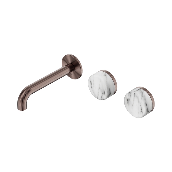 Nero Serenity Wall Basin Set 160mm Offset Spout With Arabescato Corchia Handle Brushed Bronze