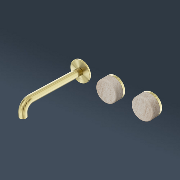 Nero Serenity Wall Basin Set 185mm Offset Spout With Rome Travertine Handle Brushed Gold