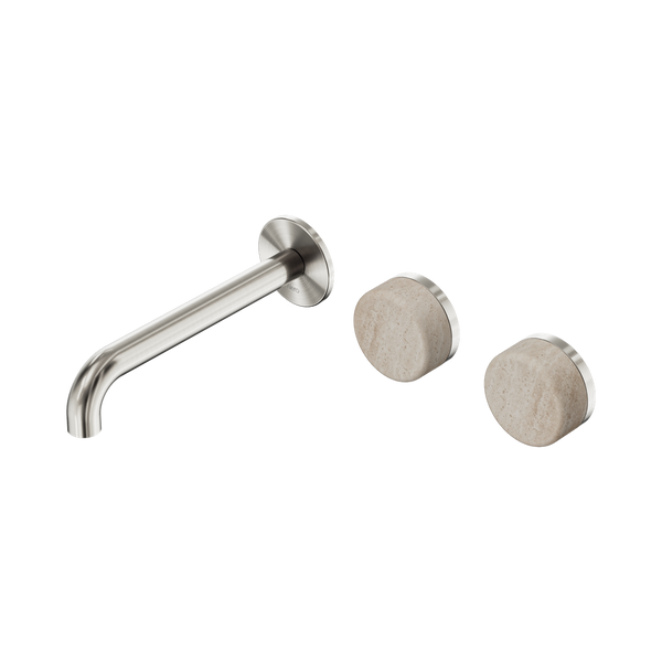Nero Serenity Wall Basin Set 185mm Offset Spout With Rome Travertine Handle Brushed Nickel