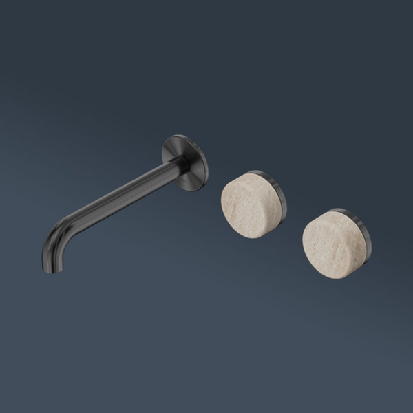 Nero Serenity Wall Basin Set 185mm Offset Spout With Rome Travertine Handle Gunmetal