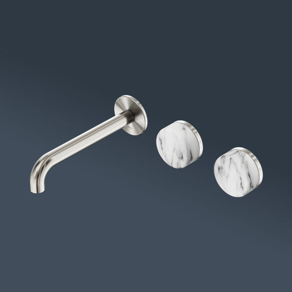 Nero Serenity Wall Basin Set 185mm Offset Spout With Arabescato Corchia Handle Brushed Nickel