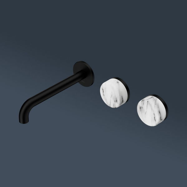 Nero Serenity Wall Basin Set 185mm Offset Spout With Arabescato Corchia Handle Matte Black